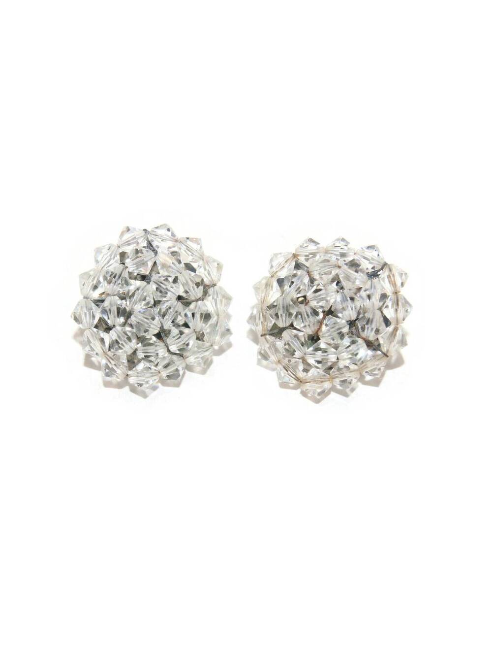 Vintage Silver Tone and Clear Plastic Beads Round Clip on Earrings.